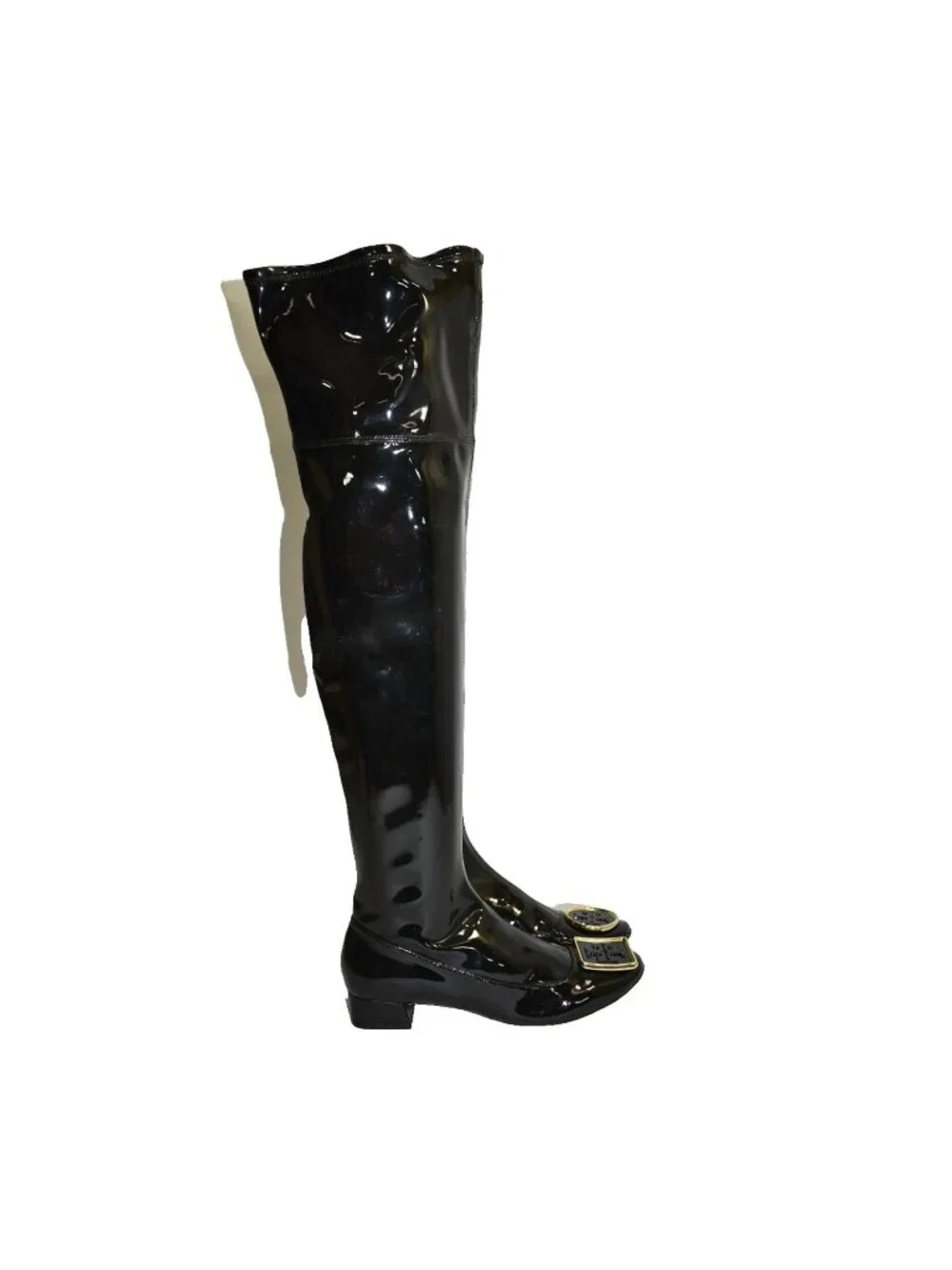 $650 TORY BURCH Over the Knee Boot ZIP PATENT BLACK GOLD LOGO 5 US  (MW1)